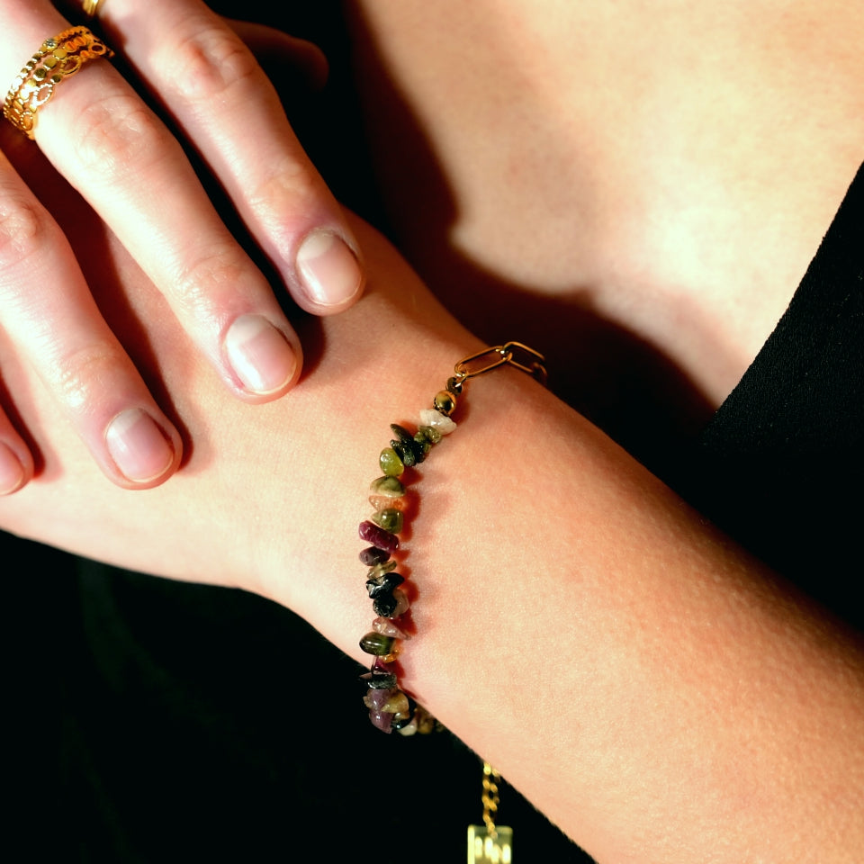 GIRADOT Paper-Clip Linked Chain & TOURMALINE Gemstones Combination Bracelet HACKNEY NINE Jewellery